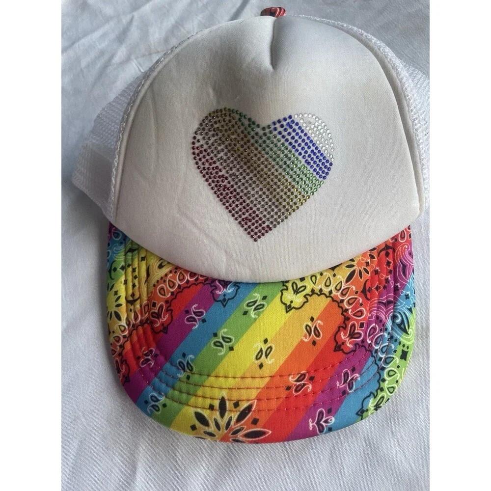 RainBow White Hat Rhinestone Heart Turker Bling Mesh Bandana Pride Y2K Cap